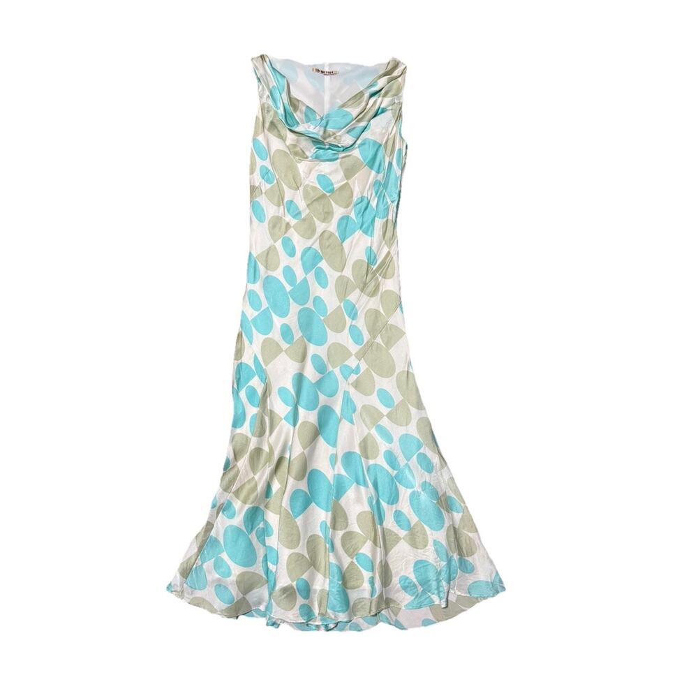 Vintage Y2K Silk Cowl Neck Dress 8 Satin Slinky Midi Flared Blue Green Print